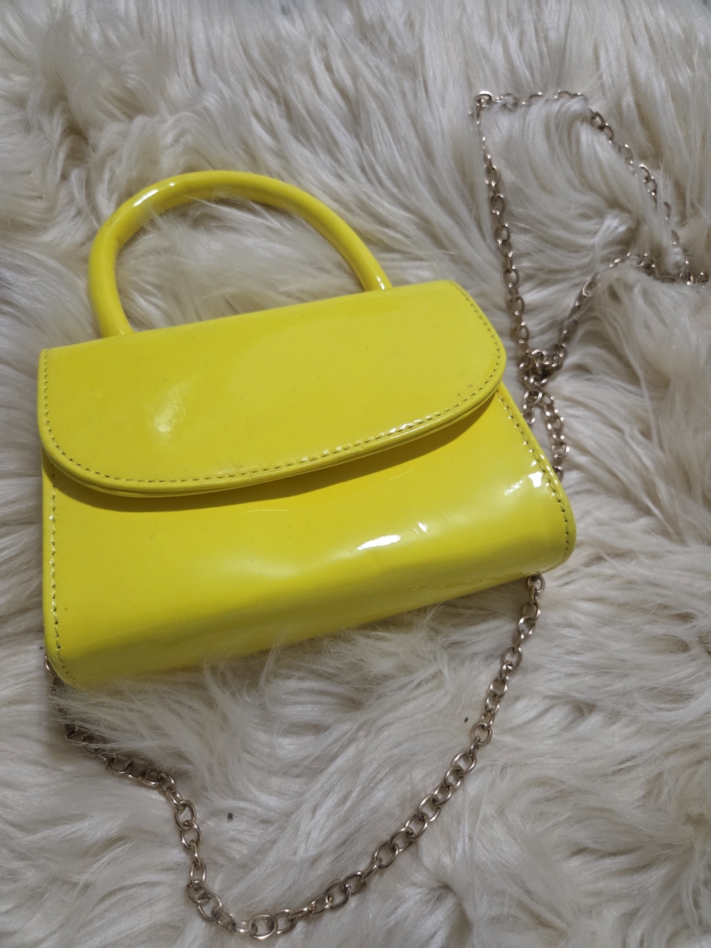 Yellow Patent Mini Top-Handle Bag with Chain Strap